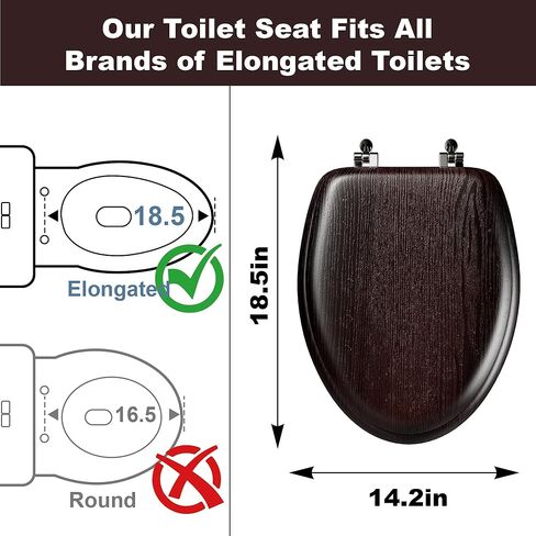 Deewow Elongated Wood Toilet Seat Heavy Duty, Veneer Natural Standard Wooden Toilet Seat, Dark Walnut Toilet Seat Elongated, Wood Oval Toilet Lid with Chrome Hinges, Easy Clean, Quick-Assembled in Kuwait