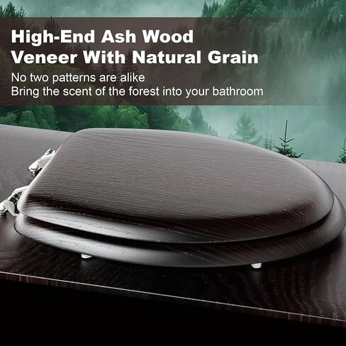 Deewow Elongated Wood Toilet Seat Heavy Duty, Veneer Natural Standard Wooden Toilet Seat, Dark Walnut Toilet Seat Elongated, Wood Oval Toilet Lid with Chrome Hinges, Easy Clean, Quick-Assembled in Kuwait