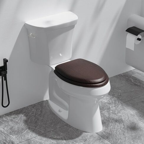 Deewow Elongated Wood Toilet Seat Heavy Duty, Veneer Natural Standard Wooden Toilet Seat, Dark Walnut Toilet Seat Elongated, Wood Oval Toilet Lid with Chrome Hinges, Easy Clean, Quick-Assembled in Kuwait