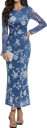 HomRain Women's Mesh Maxi Fall Long Sleeve Floral Bodycon Dress Ruched Wedding Guest Cocktail Party Dresses in Saudi Arabia