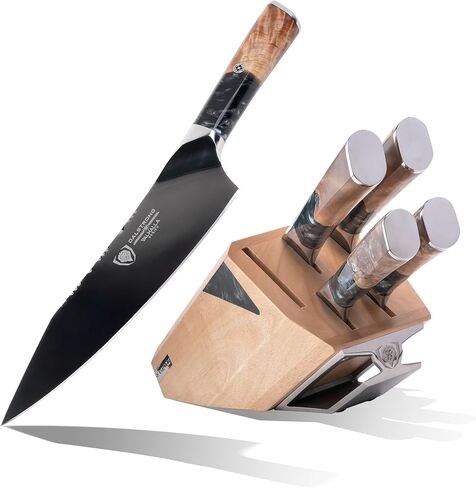 DALSTRONG Knife Block Set - 5 Piece - Valhalla Series - Ravenstone Black Blade Titanium Coated - Premium 9CR18MOV HC Steel - Resin & Wood Handle - Razor Sharp - Kitchen Cooking Chef's Knife in Kuwait