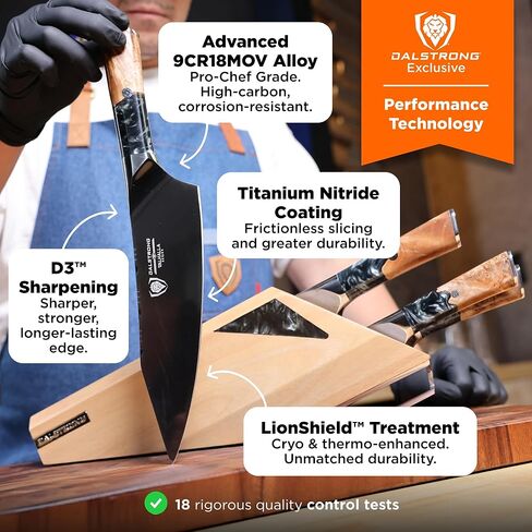 DALSTRONG Knife Block Set - 5 Piece - Valhalla Series - Ravenstone Black Blade Titanium Coated - Premium 9CR18MOV HC Steel - Resin & Wood Handle - Razor Sharp - Kitchen Cooking Chef's Knife in Kuwait