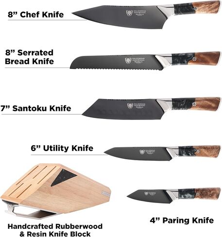 DALSTRONG Knife Block Set - 5 Piece - Valhalla Series - Ravenstone Black Blade Titanium Coated - Premium 9CR18MOV HC Steel - Resin & Wood Handle - Razor Sharp - Kitchen Cooking Chef's Knife in Kuwait