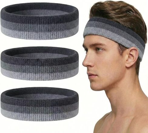 Sports Headbands 3 Pcs for Men ＆ Women - Moisture Wicking Sweatbands, Terry Cloth Athletic Head Bands for Running Tennis Basketball Football Working Out in Kuwait
