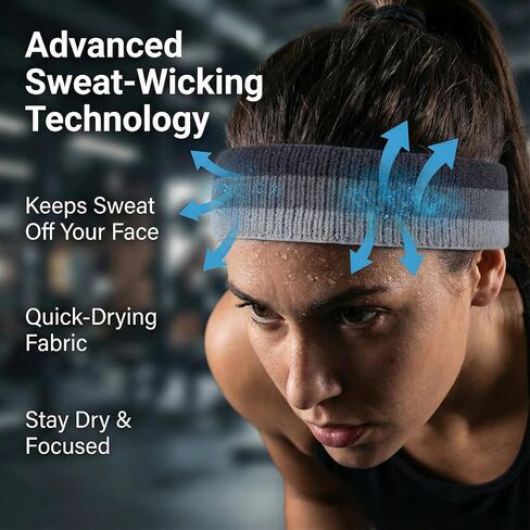 Sports Headbands 3 Pcs for Men ＆ Women - Moisture Wicking Sweatbands, Terry Cloth Athletic Head Bands for Running Tennis Basketball Football Working Out in Kuwait