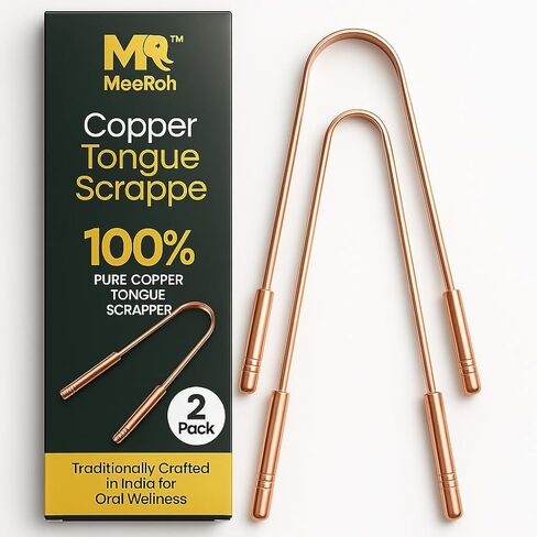MeeRoh Pure Copper Tongue Scraper (2 Pack) – Manual Tongue Cleaner for Fresh Breath – Professional U-Shaped Metal Tongue Scrubber for Adults and Kids – Traditional Oral Hygiene Tool in Kuwait
