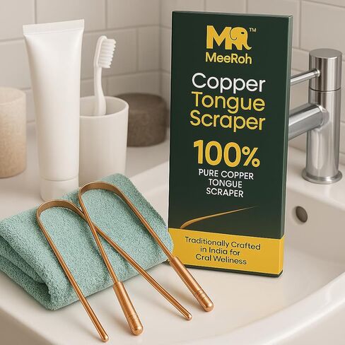 MeeRoh Pure Copper Tongue Scraper (2 Pack) – Manual Tongue Cleaner for Fresh Breath – Professional U-Shaped Metal Tongue Scrubber for Adults and Kids – Traditional Oral Hygiene Tool in Kuwait