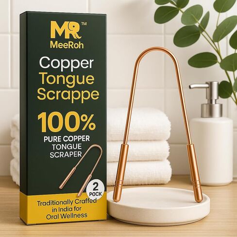 MeeRoh Pure Copper Tongue Scraper (2 Pack) – Manual Tongue Cleaner for Fresh Breath – Professional U-Shaped Metal Tongue Scrubber for Adults and Kids – Traditional Oral Hygiene Tool in Kuwait