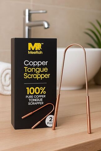 MeeRoh Pure Copper Tongue Scraper (2 Pack) – Manual Tongue Cleaner for Fresh Breath – Professional U-Shaped Metal Tongue Scrubber for Adults and Kids – Traditional Oral Hygiene Tool in Kuwait