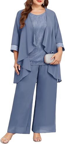 Plus Size 3 Piece Formal Pantsuit Mother of The Bride Groom Sets with Chiffon Jacket Sparkly Wedding Cocktail Outfits in Kuwait
