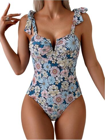 Milumia Women's Floral Print One Piece Swimsuit Tie Shoulder Tummy Control Bathing Suits Modest Swimwear in Kuwait
