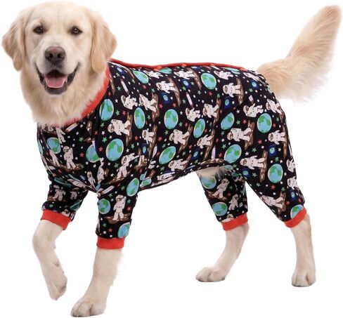 LovinPet Dog Pjs XXL/حارس طفح الكلب/قميص واقٍ من الشمس للكلب/رواد الفضاء طباعة سوداء/بلوفر خفيف الوزن، بيجامة جرو كبيرة/تغطية كاملة للكلاب PJ's /2XL in Kuwait