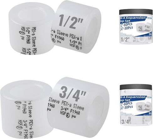 (90 حزمة YVSKM) حلقات توسيع PEX-A مع إيقاف 60 قطعة 1/2 بوصة + 30 قطعة 3/4 بوصة - F1960 أكمام توسيع كاملة التدفق لأنابيب PEX-A، مانعة للتسرب، تثبيت سريع للمياه الساخنة/الباردة والصالحة للشرب in Kuwait