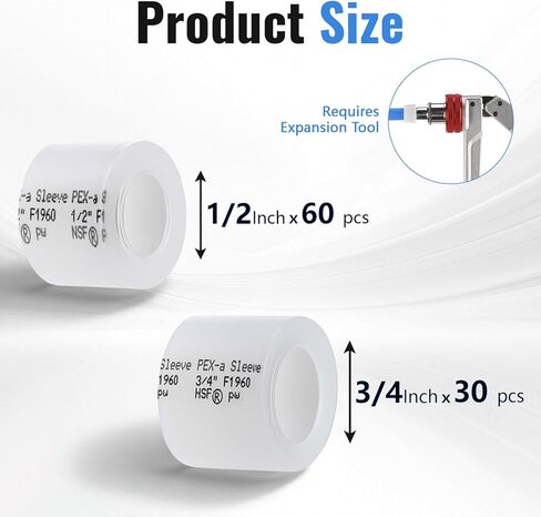 (90 حزمة YVSKM) حلقات توسيع PEX-A مع إيقاف 60 قطعة 1/2 بوصة + 30 قطعة 3/4 بوصة - F1960 أكمام توسيع كاملة التدفق لأنابيب PEX-A، مانعة للتسرب، تثبيت سريع للمياه الساخنة/الباردة والصالحة للشرب in Kuwait