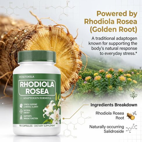 مكمل كبسولات الروديولا الوردية - تركيبة Adaptogen للجذور الذهبية العضوية من Radiola Rosea للصحة والتوازن اليومي - مستخلص عشبي نباتي - 90 كبسولة in Kuwait