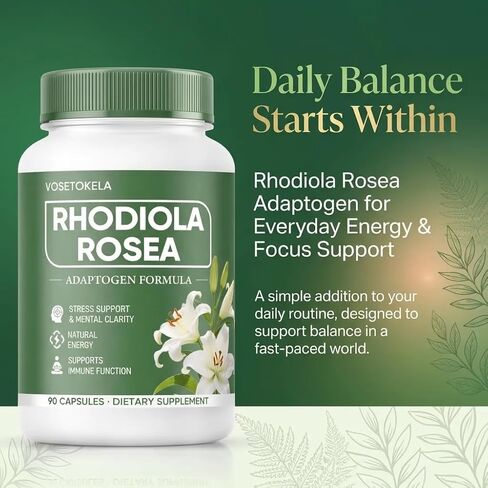 مكمل كبسولات الروديولا الوردية - تركيبة Adaptogen للجذور الذهبية العضوية من Radiola Rosea للصحة والتوازن اليومي - مستخلص عشبي نباتي - 90 كبسولة in Kuwait