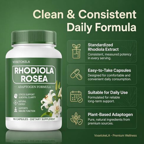 مكمل كبسولات الروديولا الوردية - تركيبة Adaptogen للجذور الذهبية العضوية من Radiola Rosea للصحة والتوازن اليومي - مستخلص عشبي نباتي - 90 كبسولة in Kuwait