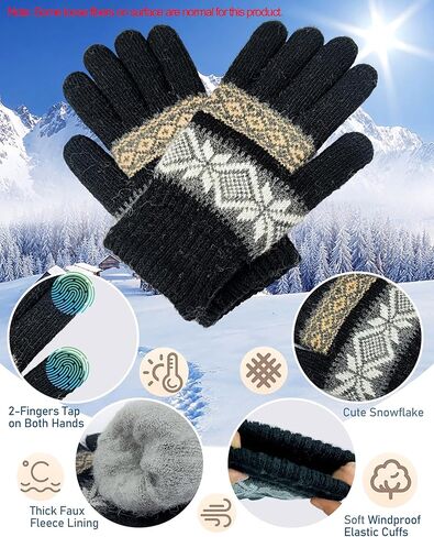 Winter Warm Gloves for Women Cold Weather, Thermal Snowflake Knit Touch Screen Gloves Black for Running Driving in Saudi Arabia