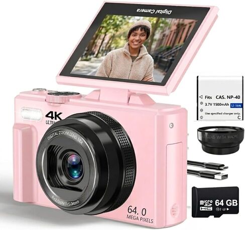 Acuvar 4K Digital Camera for Photography, 64MP Vlogging Camera with Flip Screen, WiFi, Wide Angle Lens, 16X Zoom, Compact Camera for YouTube, Travel, Beginners with 64GB Card in Saudi Arabia