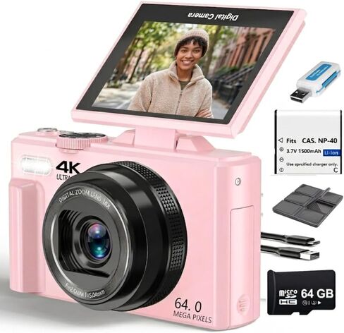 Acuvar 4K 56MP Digital Camera Kit for Photography, Vlogging Camera for YouTube with Flip Screen, WiFi, Wide Angle & Macro Lens, 64GB Micro SD Card, 50" Tripod, Case, Card Reader, Microphone, LED in Saudi Arabia