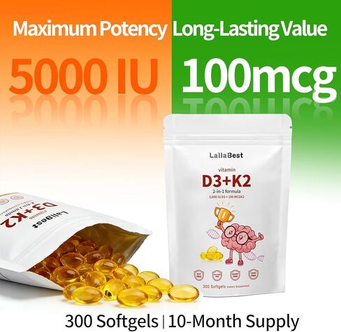 Vitamin D3 10000 iu Plus K2 (MK-7) 200 mcg, Virgin Coconut Oil Softgels| 2 in 1 Vitamins D & K Complex,Supports Calcium Absorption, Bone, Immune, & Heart Health* in Kuwait
