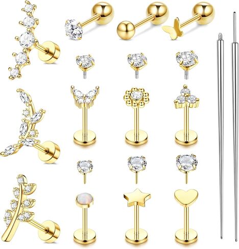 Cartilage Earrings for Women Hypoallergenic Surgical Steel Flat Back Stud Earrings Set 18K Gold Plated Push in Nose Studs Screw on Lip Labret Helix Tragus Piercing Jewelry 16G 18G 20G in Saudi Arabia