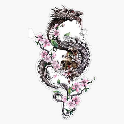 Dragon with Flowers and Skulls Bumper Sticker Vinyl Decal 5" in Kuwait