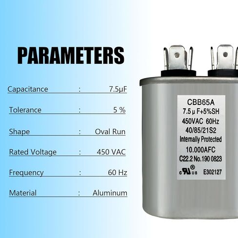 7.5uF/MFD 370/440VAC CBB65 Oval Run Start Capacitors for AC Motor Operation, AC Motor Operation, Fan Start, Cooling or Heat Pump Air Conditioning Capacitors. in Kuwait