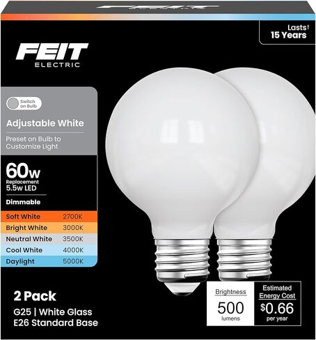 Feit Electric Enhance LED G25 Glass Filament Globe Bulb, 5CCT Adjustable White (Soft to Daylight), Dimmable, 90+ CRI, 60W Equivalent, Decorative Light for Vanity & Pendant, G2560W/5CCTCAFIL/2, 2 Pack in Kuwait