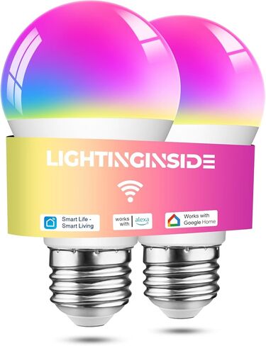 مصابيح إضاءة ذكية من Lightinginside مكافئة 60 وات، لمبة ذكية 800LM 9W WiFi متوافقة مع Alexa/Google Assistant، لمبة إضاءة ذكية A19 E26 لا تتطلب محورًا، 2.4 جيجا هرتز WiFi فقط، قطعتان in Kuwait