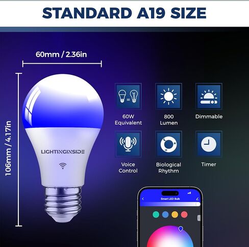 مصابيح إضاءة ذكية من Lightinginside مكافئة 60 وات، لمبة ذكية 800LM 9W WiFi متوافقة مع Alexa/Google Assistant، لمبة إضاءة ذكية A19 E26 لا تتطلب محورًا، 2.4 جيجا هرتز WiFi فقط، قطعتان in Kuwait
