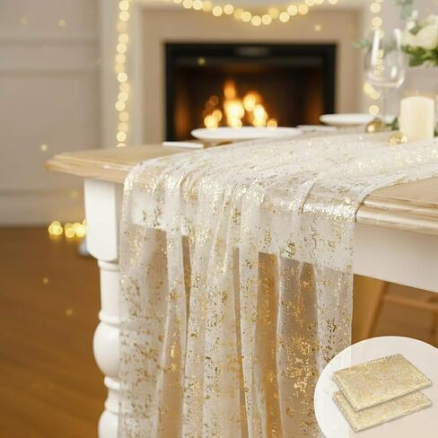 2 Pack Gold Table Runners 10FT 120inch Glitter Metallic Foil Sheer Table Cloth Mesh Gauze Table Decor for Wedding Easter Baby Shower Birthday Party (Gold) in Kuwait