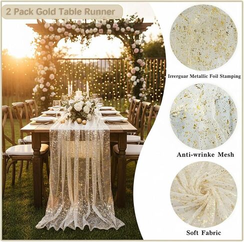 2 Pack Gold Table Runners 10FT 120inch Glitter Metallic Foil Sheer Table Cloth Mesh Gauze Table Decor for Wedding Easter Baby Shower Birthday Party (Gold) in Saudi Arabia