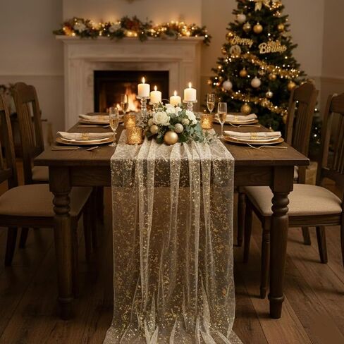 2 Pack Gold Table Runners 10FT 120inch Glitter Metallic Foil Sheer Table Cloth Mesh Gauze Table Decor for Wedding Easter Baby Shower Birthday Party (Gold) in Saudi Arabia