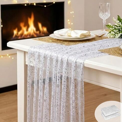 2 Pack Gold Table Runners 10FT 120inch Glitter Metallic Foil Sheer Table Cloth Mesh Gauze Table Decor for Wedding Easter Baby Shower Birthday Party (Gold) in Saudi Arabia
