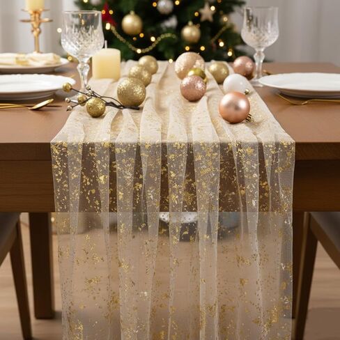 2 Pack Gold Table Runners 10FT 120inch Glitter Metallic Foil Sheer Table Cloth Mesh Gauze Table Decor for Wedding Easter Baby Shower Birthday Party (Gold) in Saudi Arabia