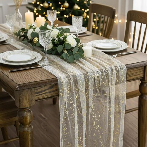 2 Pack Gold Table Runners 10FT 120inch Glitter Metallic Foil Sheer Table Cloth Mesh Gauze Table Decor for Wedding Easter Baby Shower Birthday Party (Gold) in Saudi Arabia