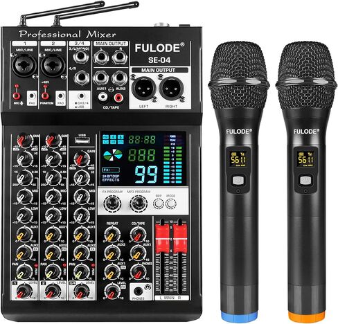 جهاز مزج الصوت، لوحة خلط صوت 4 قنوات مع ميكروفون لاسلكي مزدوج و99DSP، وحدة تحكم DJ احترافية مع MP3 بلوتوث 48 فولت، لوحة طاقة فانتوم، واجهة USB لتسجيل البث المباشر للكاريوكي المنزلي in Kuwait