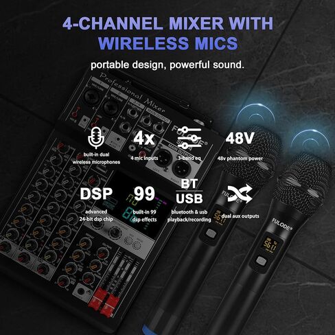جهاز مزج الصوت، لوحة خلط صوت 4 قنوات مع ميكروفون لاسلكي مزدوج و99DSP، وحدة تحكم DJ احترافية مع MP3 بلوتوث 48 فولت، لوحة طاقة فانتوم، واجهة USB لتسجيل البث المباشر للكاريوكي المنزلي in Kuwait