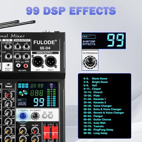 جهاز مزج الصوت، لوحة خلط صوت 4 قنوات مع ميكروفون لاسلكي مزدوج و99DSP، وحدة تحكم DJ احترافية مع MP3 بلوتوث 48 فولت، لوحة طاقة فانتوم، واجهة USB لتسجيل البث المباشر للكاريوكي المنزلي in Kuwait