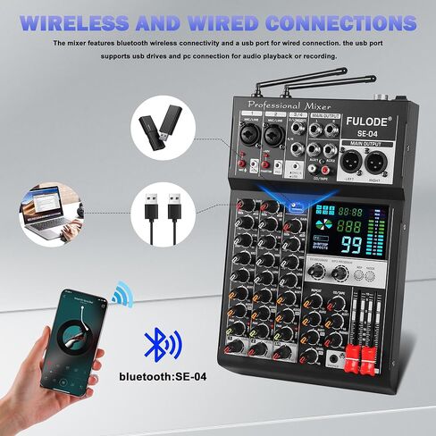 جهاز مزج الصوت، لوحة خلط صوت 4 قنوات مع ميكروفون لاسلكي مزدوج و99DSP، وحدة تحكم DJ احترافية مع MP3 بلوتوث 48 فولت، لوحة طاقة فانتوم، واجهة USB لتسجيل البث المباشر للكاريوكي المنزلي in Kuwait