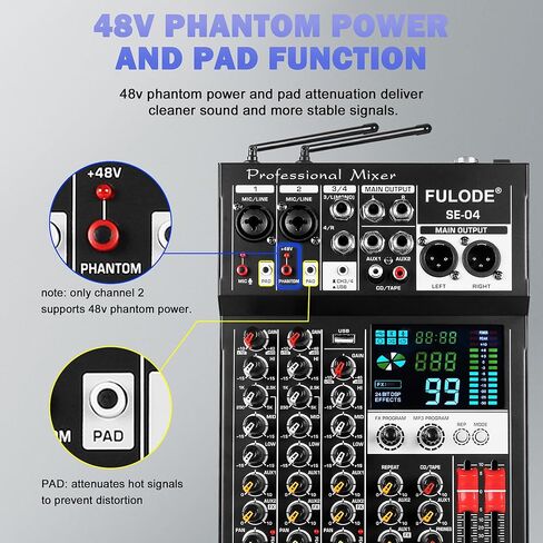 جهاز مزج الصوت، لوحة خلط صوت 4 قنوات مع ميكروفون لاسلكي مزدوج و99DSP، وحدة تحكم DJ احترافية مع MP3 بلوتوث 48 فولت، لوحة طاقة فانتوم، واجهة USB لتسجيل البث المباشر للكاريوكي المنزلي in Kuwait