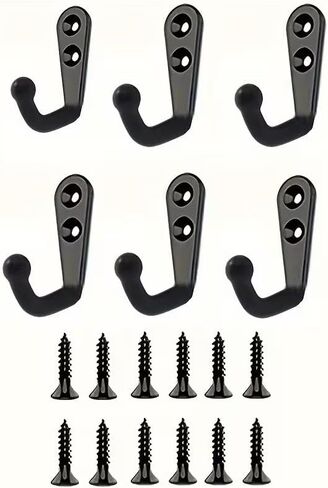 Wall Mounted Metal Hooks - 6 Pack Easy Install Coat Hangers, Wall-Mount Coat Hooks with Screws for Kitchen, Bathroom Accessories - Heavy Duty Door Hanging Rack, Black in Saudi Arabia
