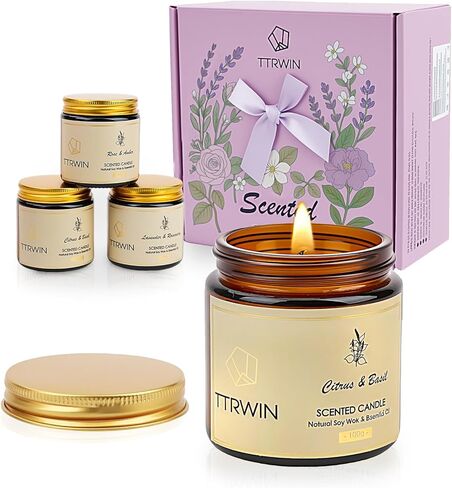 TTRWIN Scented Candles Gift Set, 4 Pick Natural Soy Candles: British pear & Freesia, Rose & Amber, Lavender & Rosemary, Citrus & Basil, Birthday Gifts for Women, Gifts for Mother's Day in Kuwait