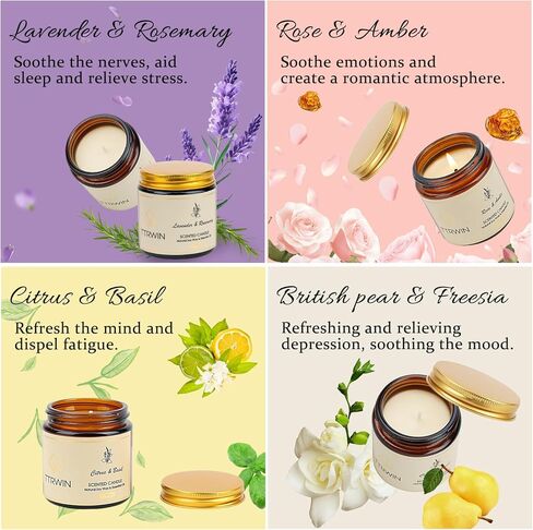 TTRWIN Scented Candles Gift Set, 4 Pick Natural Soy Candles: British pear & Freesia, Rose & Amber, Lavender & Rosemary, Citrus & Basil, Birthday Gifts for Women, Gifts for Mother's Day in Kuwait