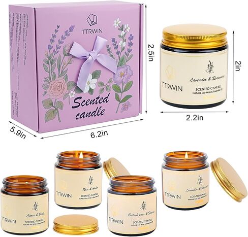 TTRWIN Scented Candles Gift Set, 4 Pick Natural Soy Candles: British pear & Freesia, Rose & Amber, Lavender & Rosemary, Citrus & Basil, Birthday Gifts for Women, Gifts for Mother's Day in Kuwait