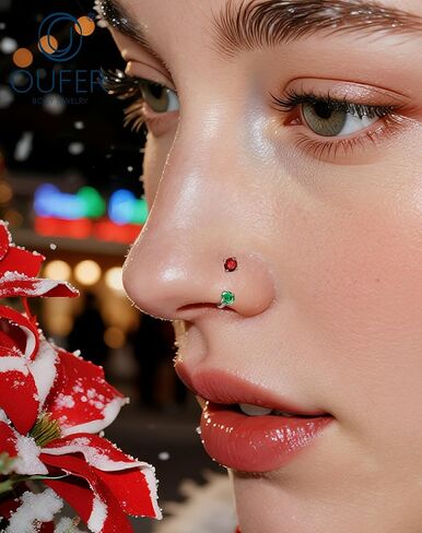 OUFER Christmas Horseshoe Nose Rings Studs, 20G/18G Internally Threaded Nose Rings For Women, 316L Surgical Steel Double Red And Green CZ Nose Studs, Lip Eyebrow Helix Rook Ear Piercing Jewelry in Saudi Arabia
