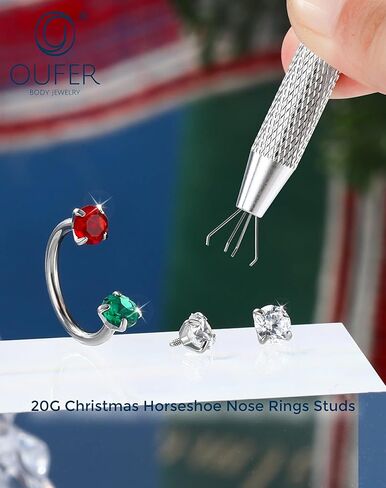 OUFER Christmas Horseshoe Nose Rings Studs, 20G/18G Internally Threaded Nose Rings For Women, 316L Surgical Steel Double Red And Green CZ Nose Studs, Lip Eyebrow Helix Rook Ear Piercing Jewelry in Saudi Arabia