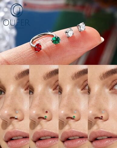 OUFER Christmas Horseshoe Nose Rings Studs, 20G/18G Internally Threaded Nose Rings For Women, 316L Surgical Steel Double Red And Green CZ Nose Studs, Lip Eyebrow Helix Rook Ear Piercing Jewelry in Saudi Arabia