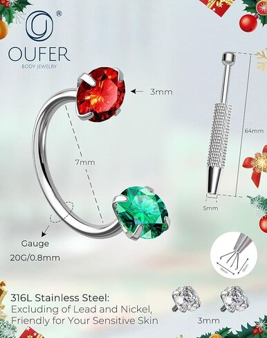 OUFER Christmas Horseshoe Nose Rings Studs, 20G/18G Internally Threaded Nose Rings For Women, 316L Surgical Steel Double Red And Green CZ Nose Studs, Lip Eyebrow Helix Rook Ear Piercing Jewelry in Saudi Arabia